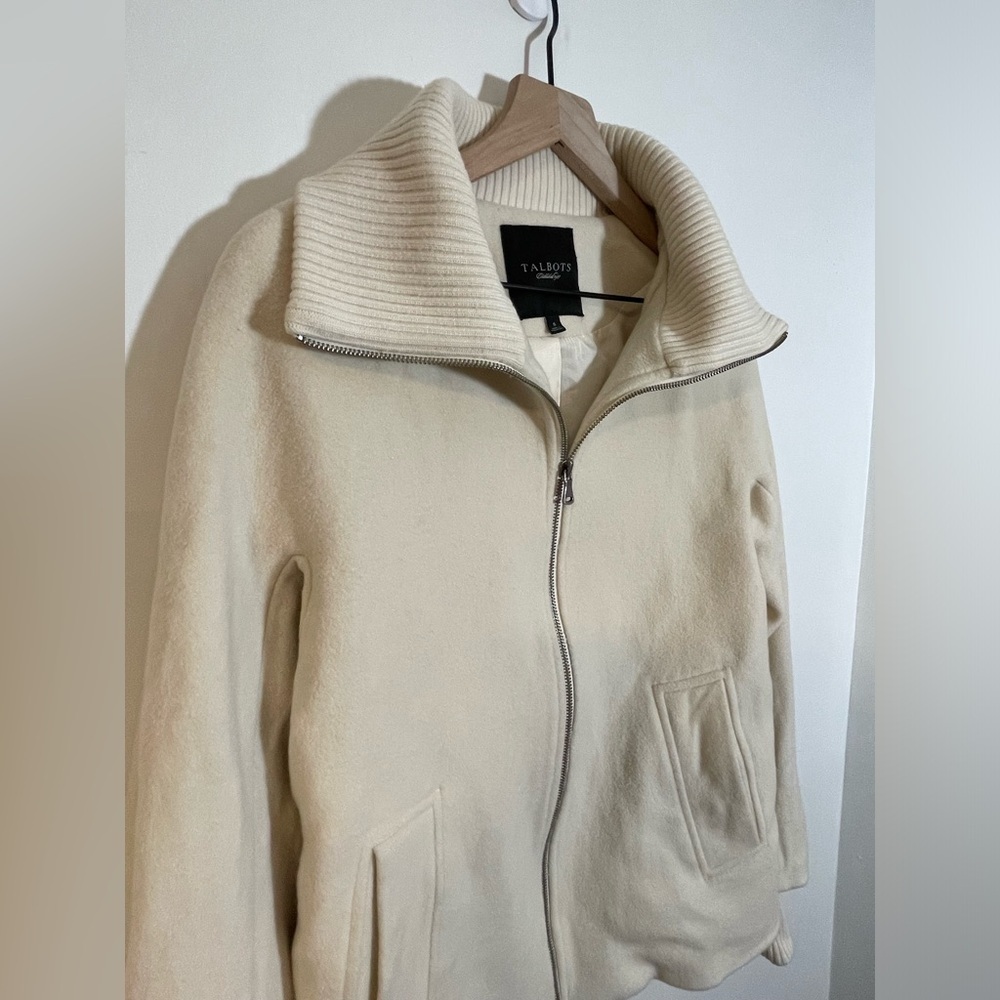 Talbots Wool Blend Ivory Jacket Full Zip Ribbed Collar Cuff Coat Women’s Size 6 - Picture 2 of 10